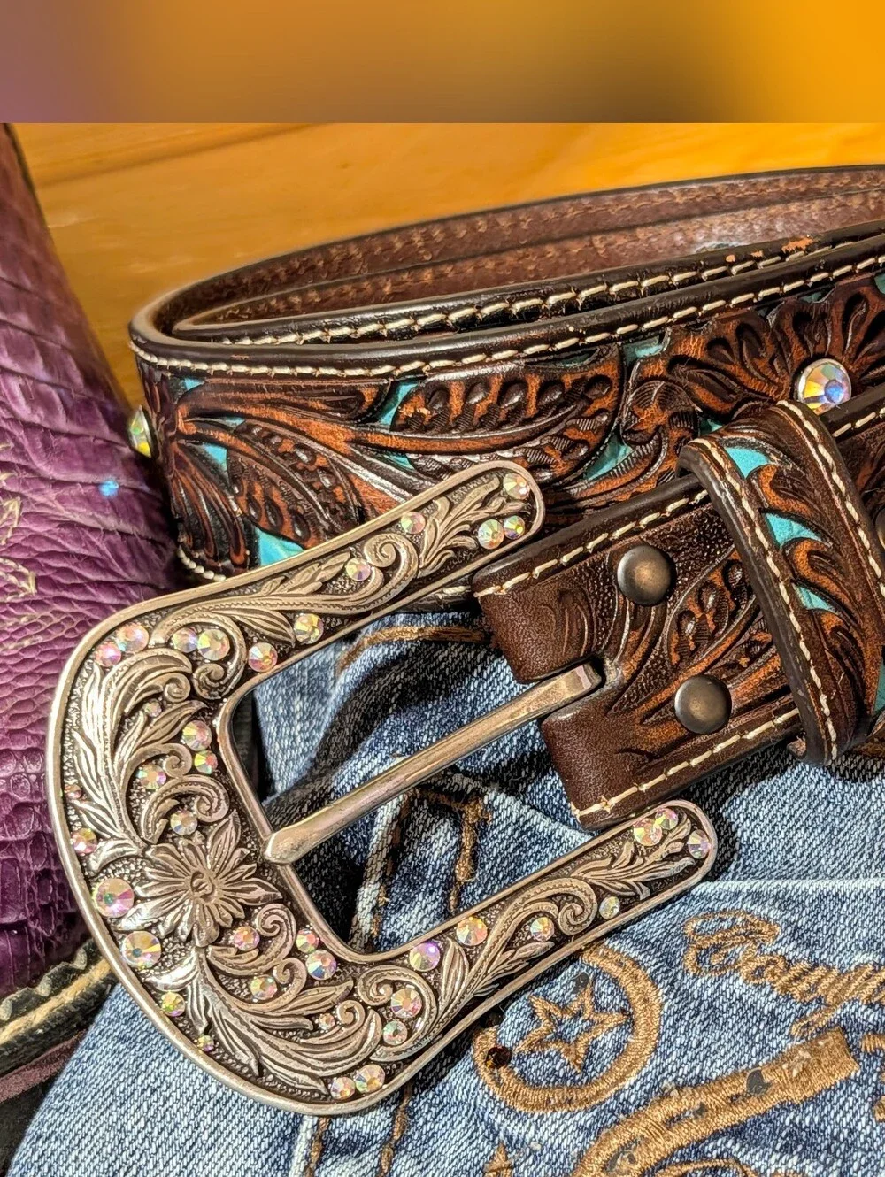 Ariat Jocelyn Genuine Tooled Brown and Turquoise Leather Belt With Bling Buckle